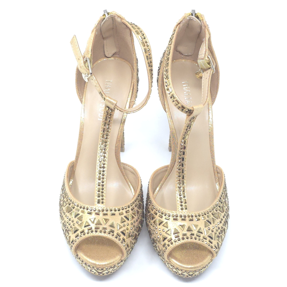 Thalia Sodi Chacey Gold Embellished T-Strap Platform Sandals Women’s 7W - Picture 7 of 12